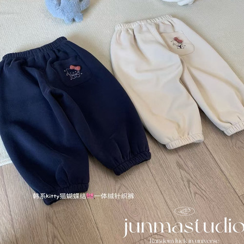 小屁股童装女童宝宝儿童冬装蝴蝶结KT加绒运动裤一体绒休闲裤长裤