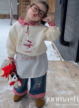 AH童装女童宝宝儿童冬装新款加绒雪人翻领卫衣格子牛仔裤直筒裤