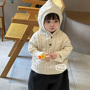 XGG童装男女童宝宝儿童冬装新款韩系麻花加厚连帽毛衣打底针织衫