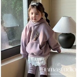 品牌童装女童儿童宝宝冬装新款拼色晚安猫连帽加绒卫衣上衣打底衫