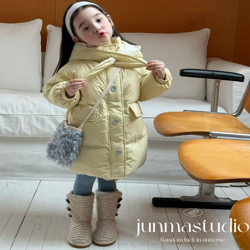 opao童装女童宝宝儿童冬装新款韩系魔法帽中长款羽绒服白鸭绒外套