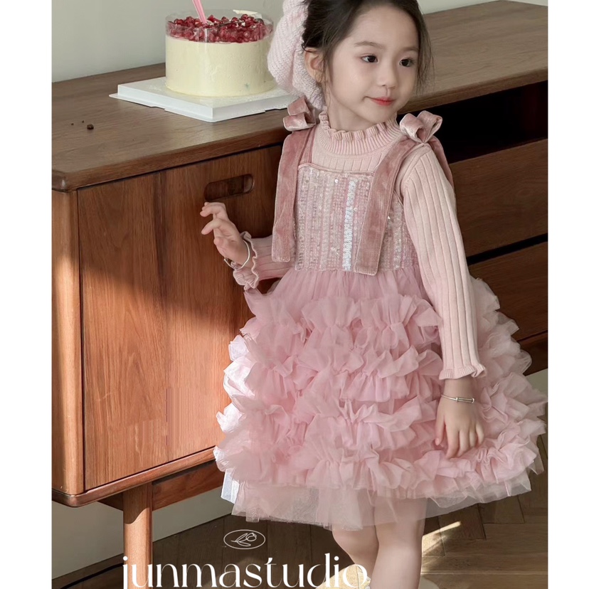 女童加绒粉色背心裙秋冬新款