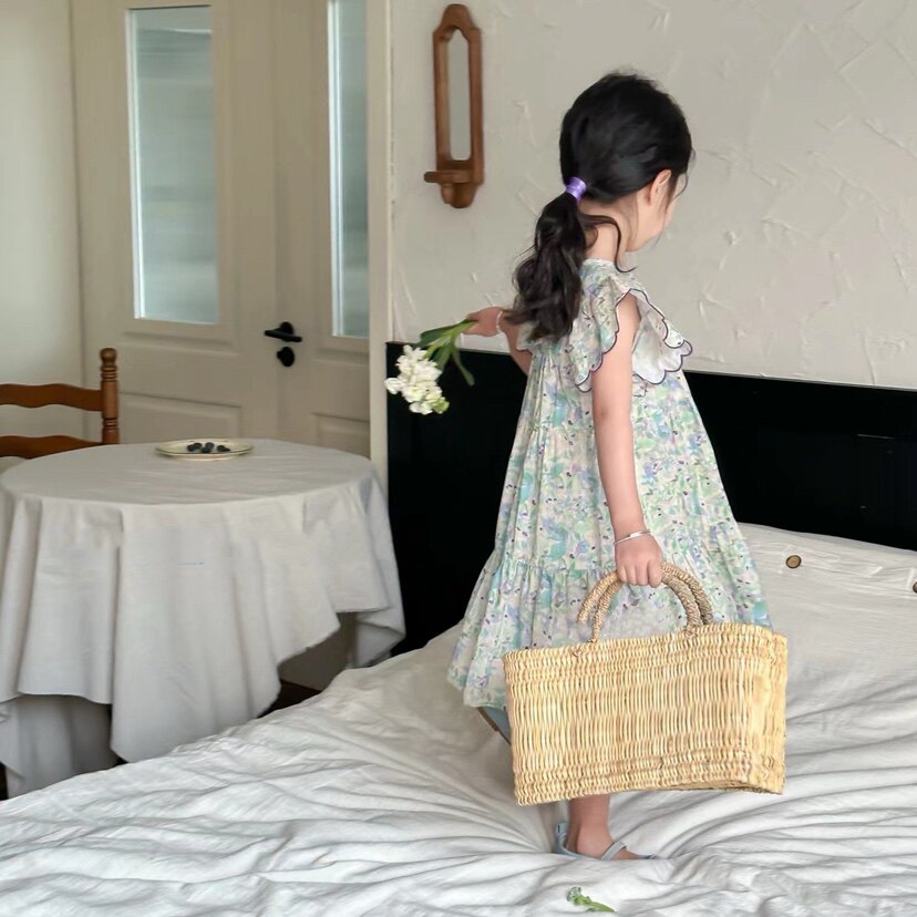 清仓!品牌童装女童宝宝儿童夏装甜美荷叶袖碎花棉布连衣裙子