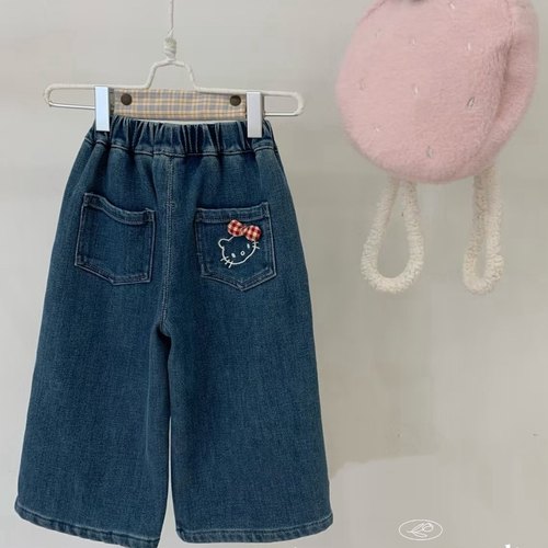 小屁股童装女童宝宝儿童冬装新款韩系KT蝴蝶结加绒牛仔裤直筒裤子