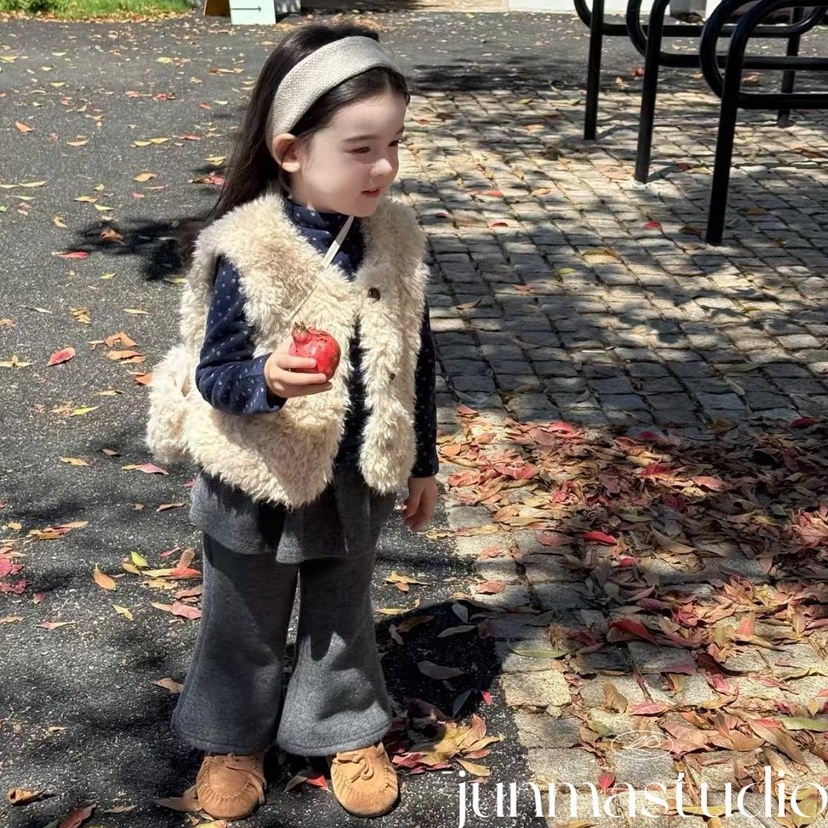 opao童装女童宝宝儿童冬装韩系毛毛马甲背心碎花T恤裙裤喇叭裤子