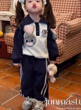 opolala童装女童宝宝儿童冬装新款朱迪警官加绒卫衣运动裤套装