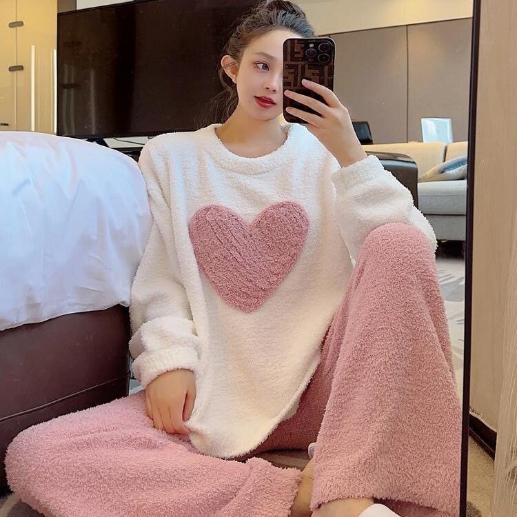 心形珊瑚绒睡衣女冬季新款加绒加厚保暖甜美爱心高级感大码家居服
