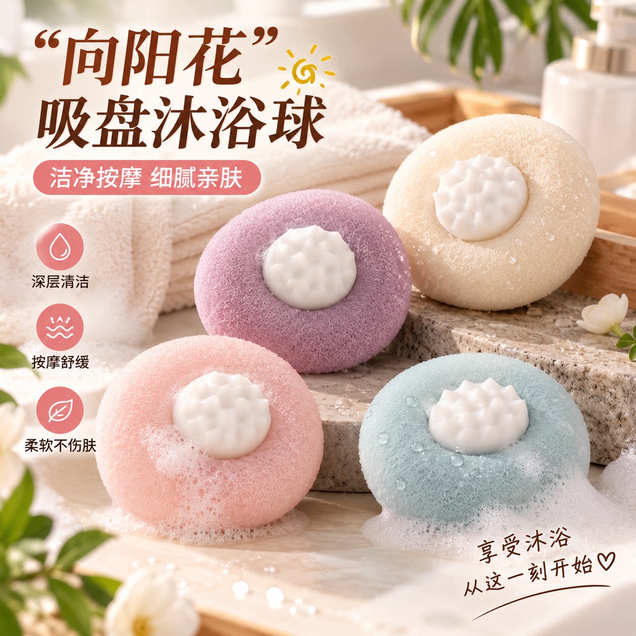向阳花吸盘搓泥搓背沐浴球