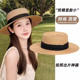 大头围平顶草帽子女夏季海边沙滩旅游大号大码法式礼帽防晒遮阳帽
