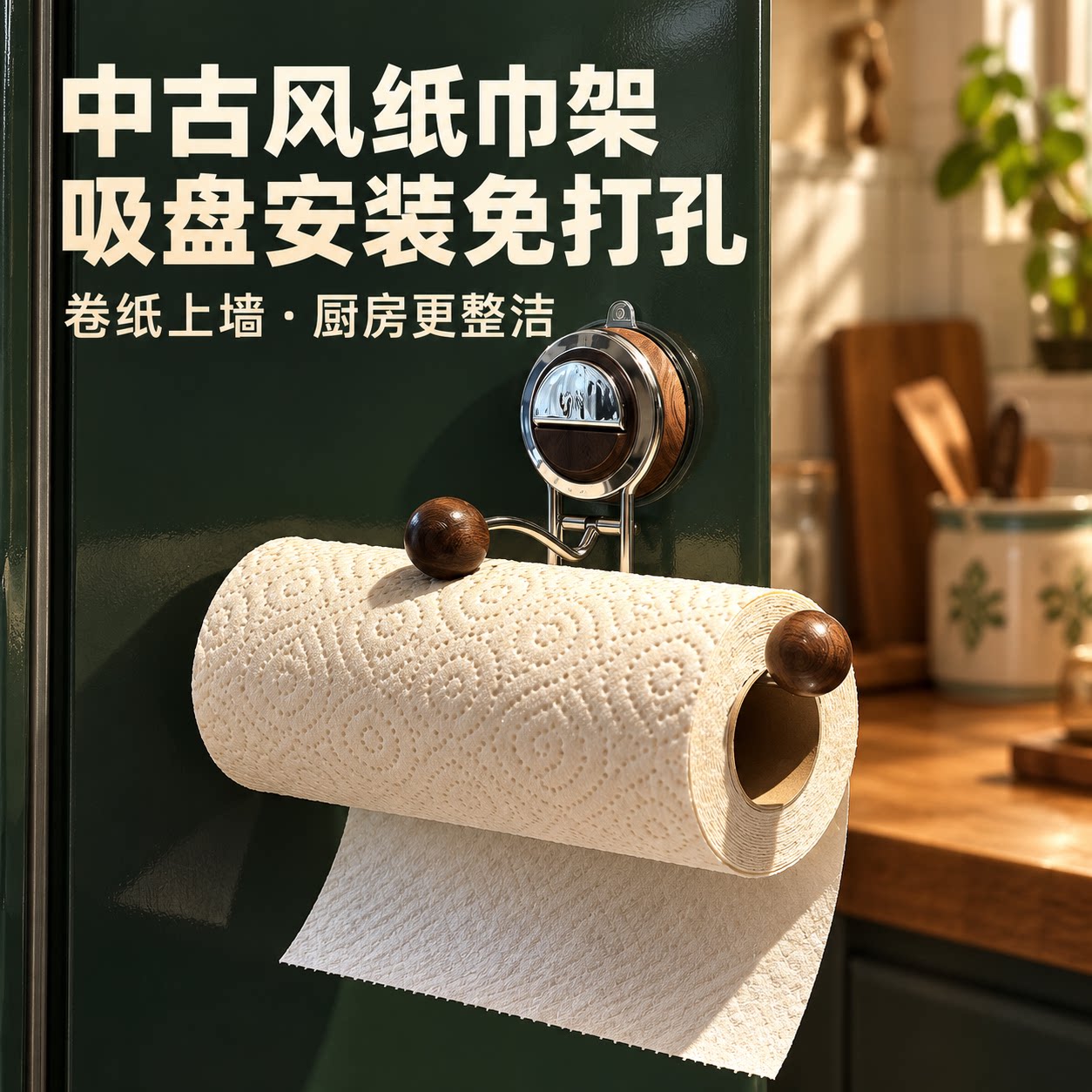 中古风厨房纸巾架吸盘免打孔整体橱柜用纸挂架卷筒卫生纸架保鲜膜