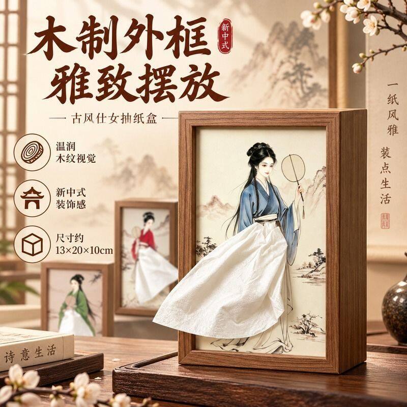 新中式古风仕女抽纸盒客厅收纳