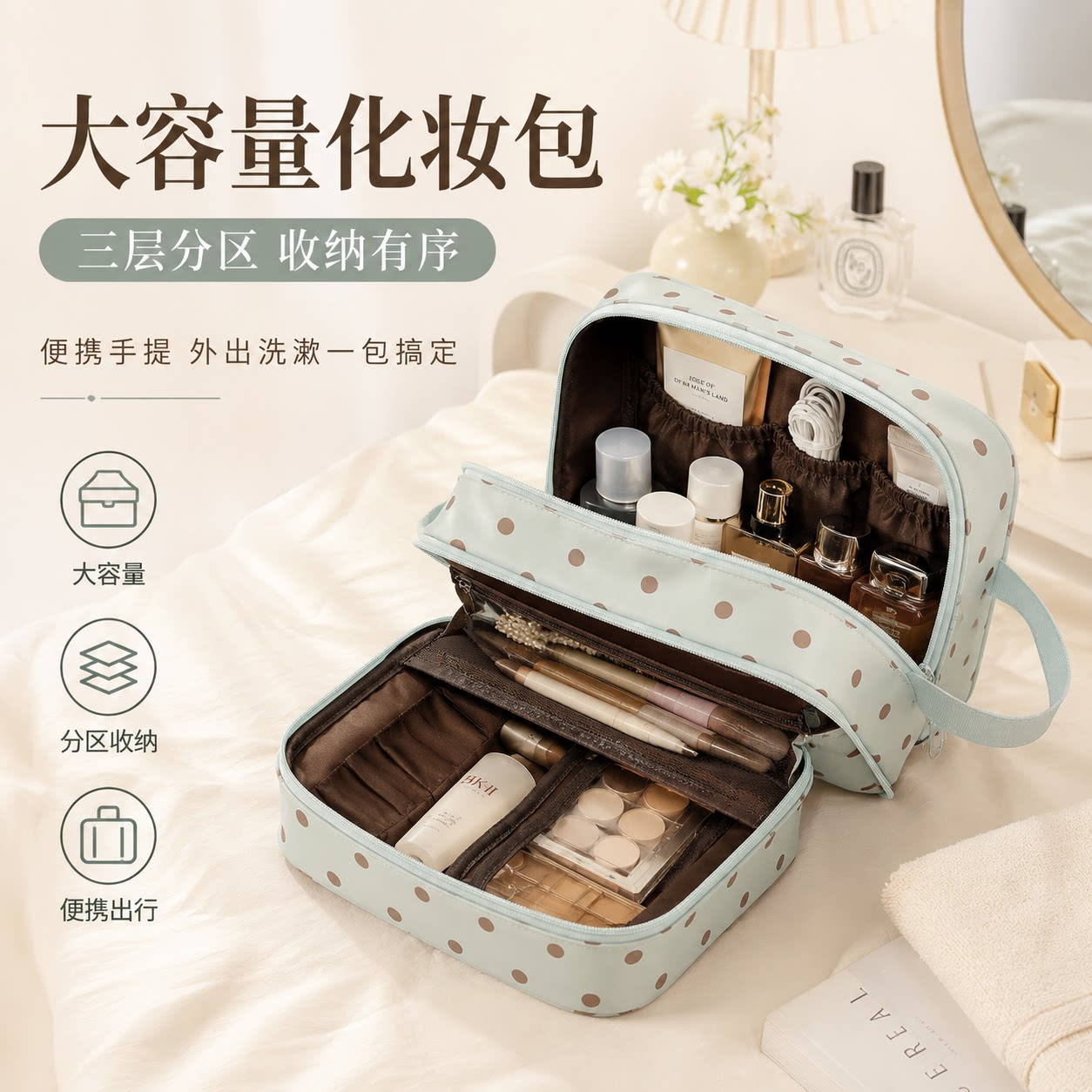 薄荷绿波点大容量防水分区化妆包