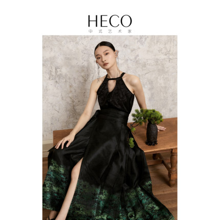 HECO 【隐竹】新中式真丝短款上衣女夏国风露肩提花挂脖背心吊带