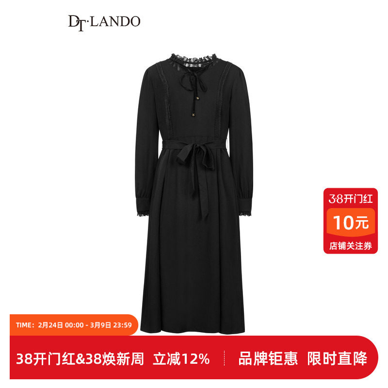 DTLANDO冬季女装淑女风黑色系带收腰显瘦木耳边长袖中长款连衣裙