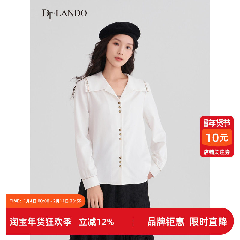 DTLANDO衬衫女春季新款学院风海军领设计感长袖白色衬衣上衣