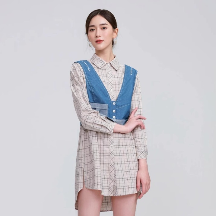 DTLANDO春秋新款连衣裙女装短款直筒中长淑女长袖翻领格纹裙子