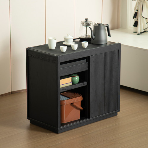 骏马黑实木茶水柜移动小茶桌