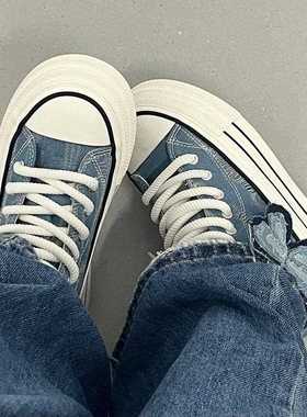 蝶结高帮厚底帆布鞋女225秋0季款百搭小蝴70824白新鞋小众原创休