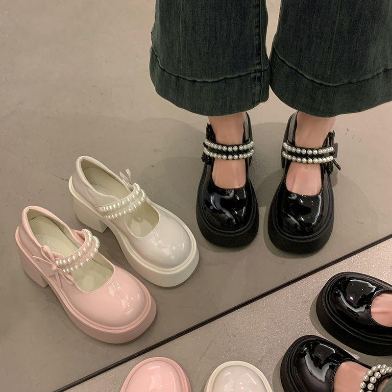 粉色底皮鞋女20厚25春小夏新款高日系法65555式复古粗跟珍珠玛丽