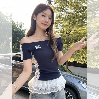 斜领蕾丝花边印花设计感短袖T恤女夏季修身短款小众2025新款上衣