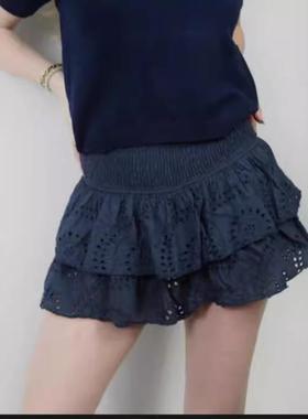 jacquard eyelet layered ruffle skirt vintage high waist