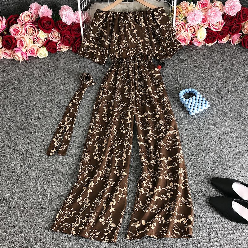 Fashion floral ruffled one-shoulder high waist slim wide