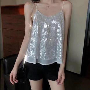 neck camisole loose glittery top short women Sexy for