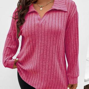 tops shirt brushed plus long size neck womens Solid