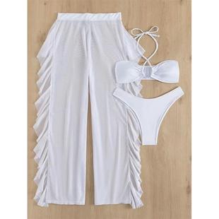 swimsuit hem three gathered Mesh cross solid piece color