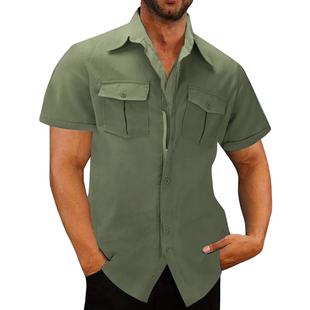shirt work cotton pocket short sleeve linen zipper color