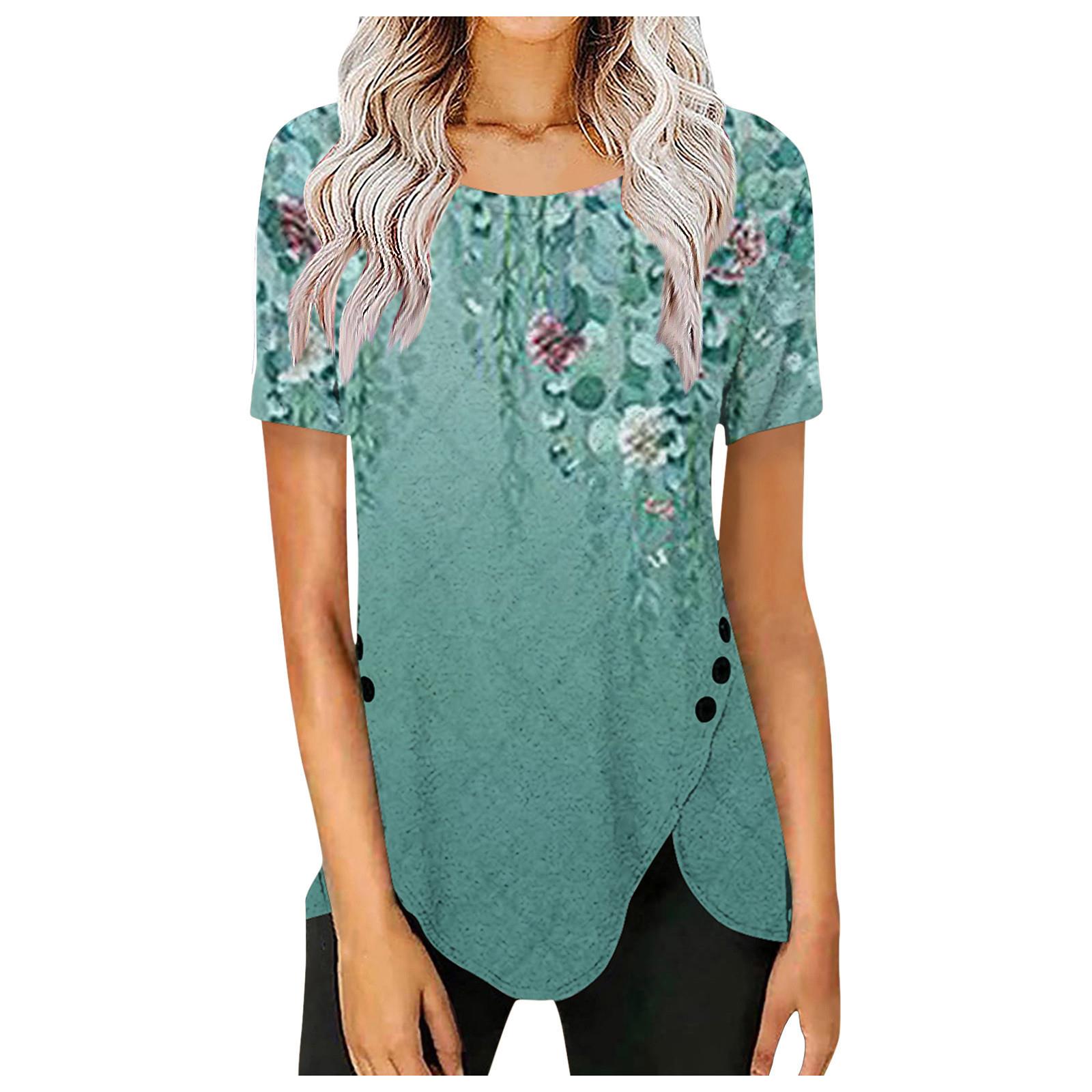 Womens Fashion Button Gradient Round Neck Short Sleeve