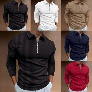 Zipper Stripe Long Sleeve Men's Polo Shirt Top