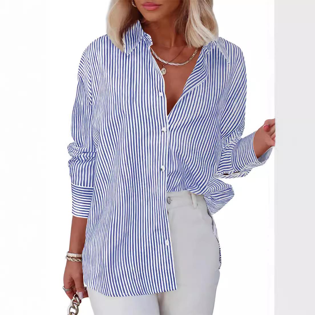 Womens Shirt Collared Long Tops Down Classic Sleeve Button