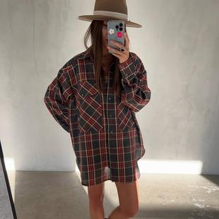 Womens Plaid Shirt Boyfriend Style Mid-Length Loose Shirt