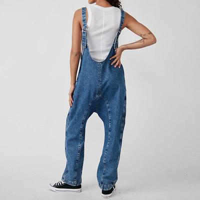V-neck pocket suspenders adjustable straps denim jumpsuit
