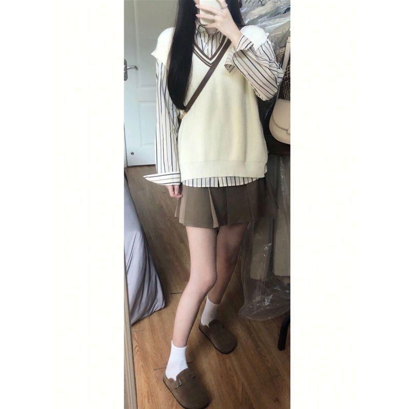 skirt short sweet shirt striped vest sweater vest knitted