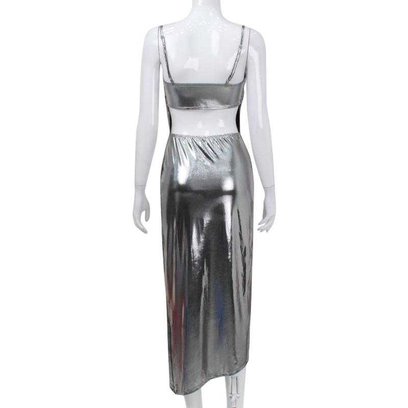 Womens sexy backless sling dress with slits and slings long