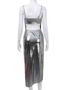 Womens sexy backless sling dress with slits and slings long