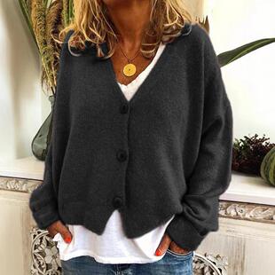 Sleeve Long Women Solid Neck Color Cardigan Sweater