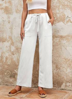 cotton trousers linen beach leg pants high flowy green wide