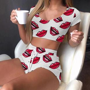 two pajamas tie round set piece neck and dye lingerie Sexy