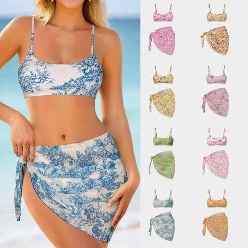 Two-piece floral skirt sexy wrap beach three-piece swimsuit