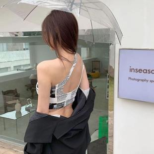 newspaper silk womens back strap shoulder oblique top off