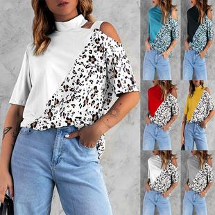 Round Neck Loose Top Stitching Short Print Womens Shirt