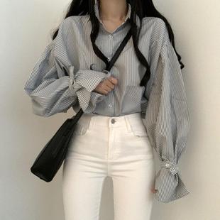 trumpet sleeve versatile casual striped loose Simple top