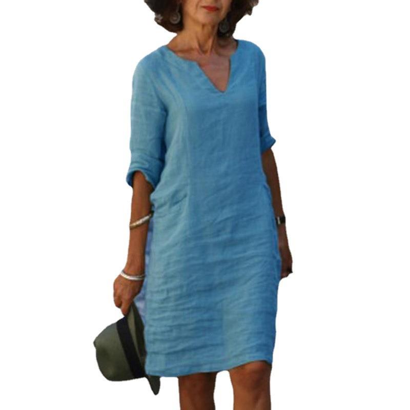 Three-quarter and Small Women Splicing Color Linen Dress
