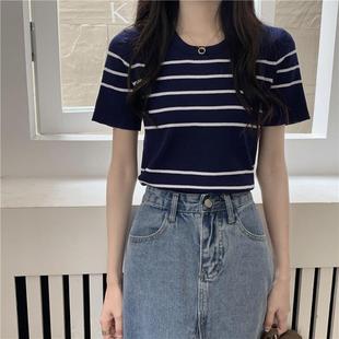 trendy top short slim top knitted striped color contrast