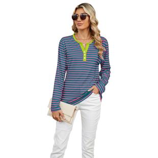 Womens neck striped top shirt sleeved long contrast