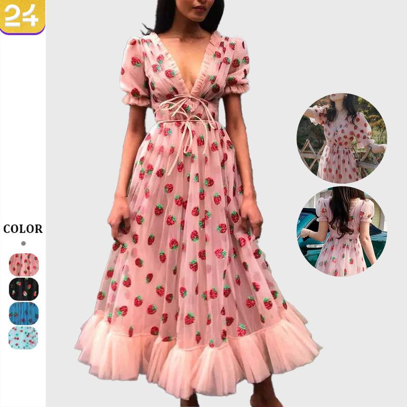 Summer Dress Pleated Tie Mesh Dress Long Sequin Color Two