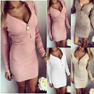 Warm Threaded Dress Tight Open hugging Zippered chested Hip